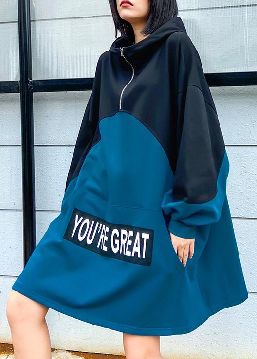 Style hooded patchwork dresses Fashion Ideas blue Letter Dress - SooLinen