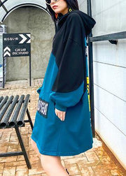 Style hooded patchwork dresses Fashion Ideas blue Letter Dress - SooLinen