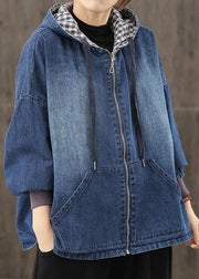 Style hooded pockets clothes For Women Photography denim blue blouses - SooLinen