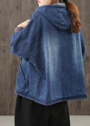 Style hooded pockets clothes For Women Photography denim blue blouses - SooLinen
