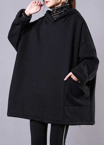 Style hooded pockets cotton clothes Sewing black blouses - SooLinen