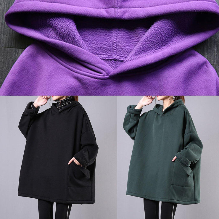 Style hooded pockets cotton clothes Sewing black blouses - SooLinen