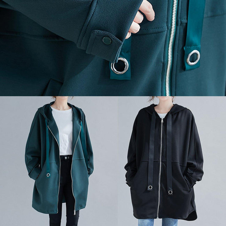 Style hooded zippered Plus Size coats women blouses black oversized outwears - SooLinen