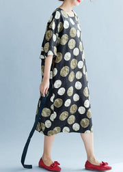 Style khaki dotted cotton quilting clothes tie waist long summer Dresses - SooLinen