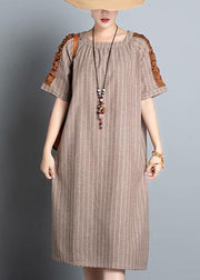Style khaki striped cotton clothes For Women o neck patchwork Plus Size summer Dresses - SooLinen