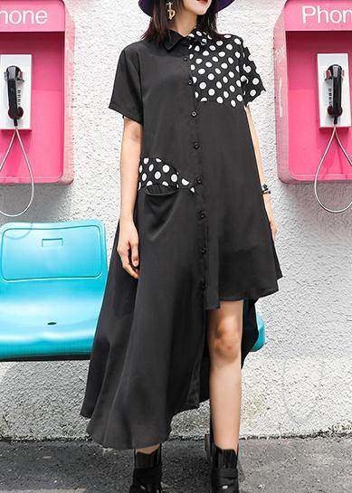 Style lapel asymmetric chiffon Robes boutique Tutorials black dotted Dress Summer - SooLinen