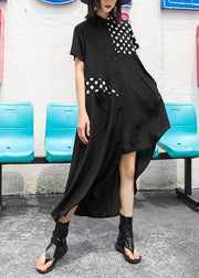 Style lapel asymmetric chiffon Robes boutique Tutorials black dotted Dress Summer - SooLinen