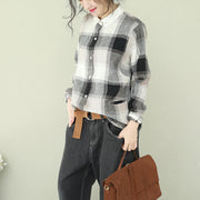 Style lapel linen for women Cotton black Plaid short blouses