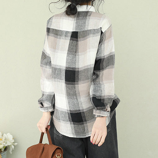 Style lapel linen for women Cotton black Plaid short blouses