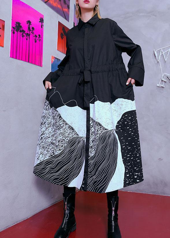 Style lapel patchwork cotton Wardrobes Tunic Tops black print Maxi Dresses - SooLinen