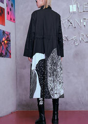 Style lapel patchwork cotton Wardrobes Tunic Tops black print Maxi Dresses - SooLinen