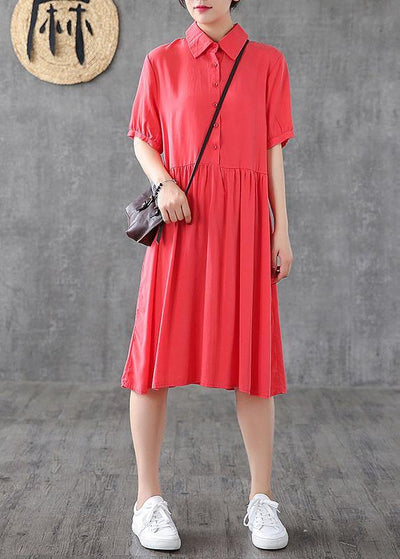 Style lapel Cinched Tunic Sewing red Dress - SooLinen