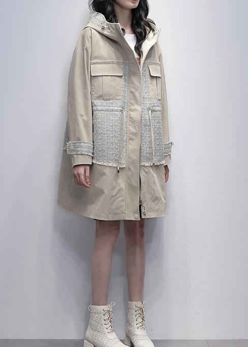 Style light beige Fine trench coat Work hooded patchwork  outwears - SooLinen