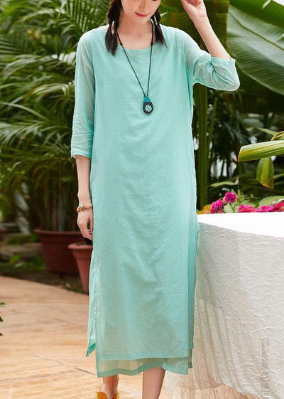 Style light green cotton Tunics half sleeve o neck Traveling summer Dress - SooLinen