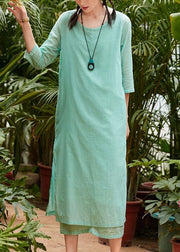 Style light green cotton Tunics half sleeve o neck Traveling summer Dress - SooLinen