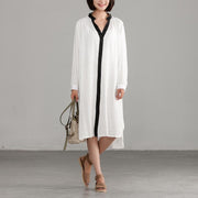 Style linen cotton quilting clothes Pakistani White Long Sleeve Loose Irregular Dress