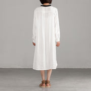 Style linen cotton quilting clothes Pakistani White Long Sleeve Loose Irregular Dress