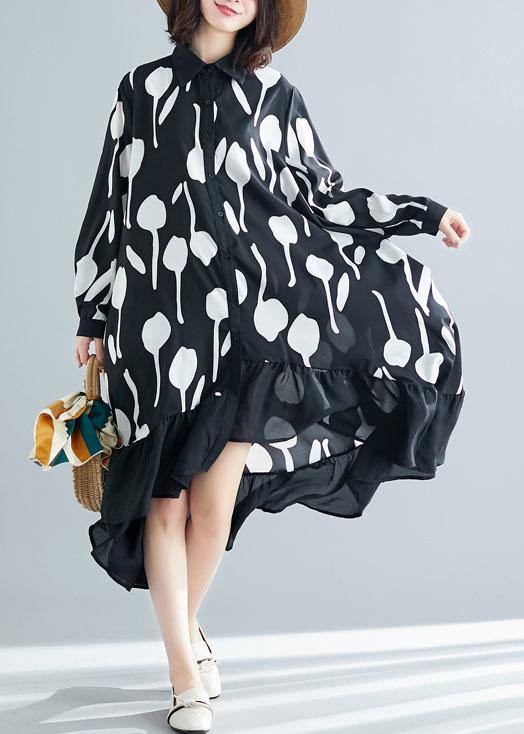 Style low high design cotton dress Work Outfits black prints shirt Dresses summer - SooLinen