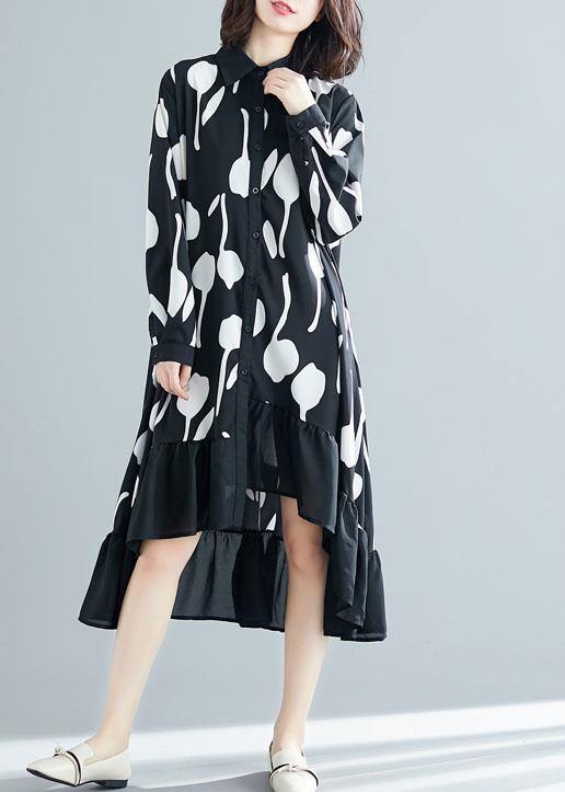 Style low high design cotton dress Work Outfits black prints shirt Dresses summer - SooLinen
