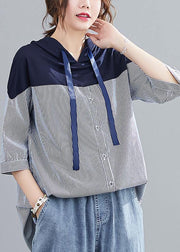 Style navy hooded cotton clothes patchwork baggy summer shirt - SooLinen