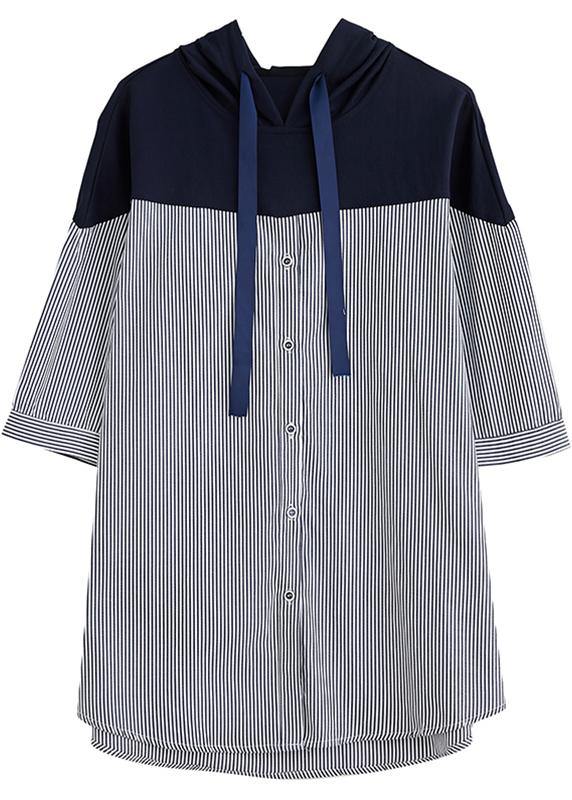 Style navy hooded cotton clothes patchwork baggy summer shirt - SooLinen