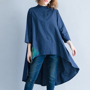 Style navy linen cotton tunics for women Casual Neckline asymmetric Art shirt Dresses