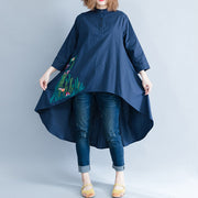 Style marineblaue Leinen-Baumwoll-Tuniken für Frauen Lässiger Ausschnitt asymmetrische Art-Shirt-Kleider