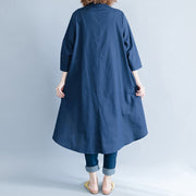 Style marineblaue Leinen-Baumwoll-Tuniken für Frauen Lässiger Ausschnitt asymmetrische Art-Shirt-Kleider