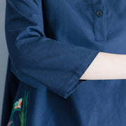 Style navy linen cotton tunics for women Casual Neckline asymmetric Art shirt Dresses