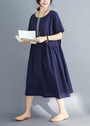 Style navy linen dress plus size Outfits o neck patchwork oversized Summer Dress - SooLinen