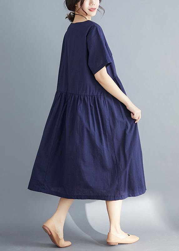 Style navy linen dress plus size Outfits o neck patchwork oversized Summer Dress - SooLinen