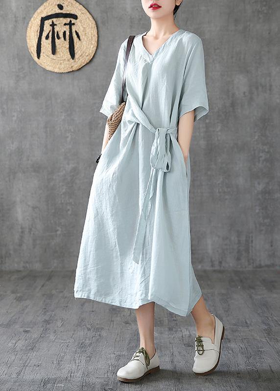 Style navy linen dresses v neck tunic linen robes summer Dress - SooLinen