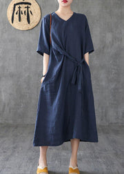 Style navy linen dresses v neck tunic linen robes summer Dress - SooLinen