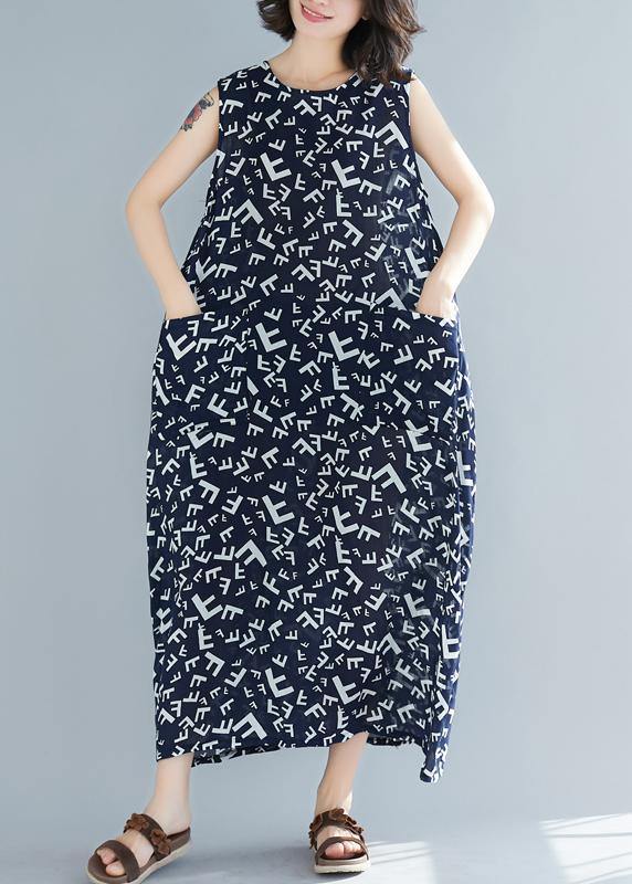 Style navy print cotton dresses o neck sleeveless A Line summer Dress - SooLinen