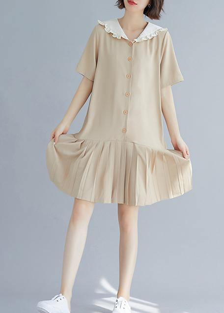 Style nude ruffles hem cotton Long Shirts Sailor Collar A Line summer Dresses - SooLinen