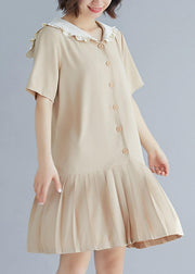 Style nude ruffles hem cotton Long Shirts Sailor Collar A Line summer Dresses - SooLinen