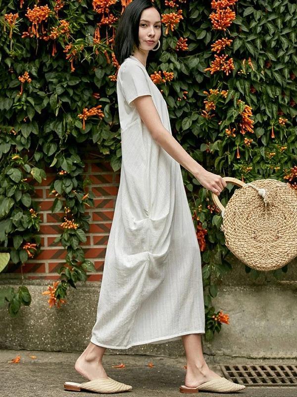 Style o neck asymmetric cotton dress Sewing nude Traveling Dress summer - SooLinen