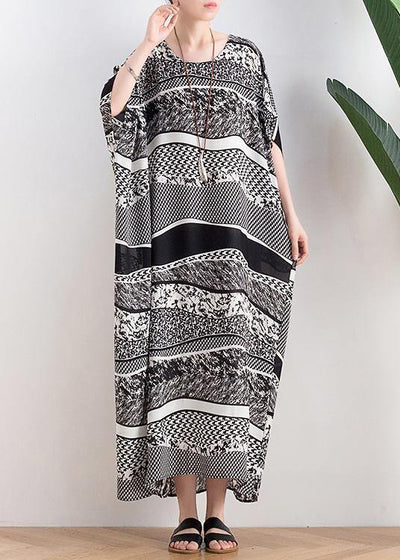 Style o neck asymmetric summer clothes Women black white striped Art Dresses - SooLinen