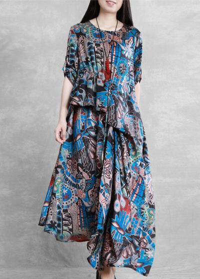 Style o neck asymmetric summer dresses Sleeve blue print robes Dresses - SooLinen