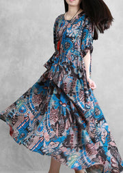 Style o neck asymmetric summer dresses Sleeve blue print robes Dresses - SooLinen