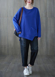 Style o neck asymmetric top Tunic Tops blue shirt - SooLinen