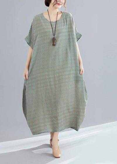 Style o neck cotton quilting clothes Pakistani Work green striped loose Dress Summer - SooLinen