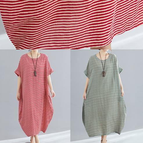 Style o neck cotton quilting clothes Pakistani Work green striped loose Dress Summer - SooLinen
