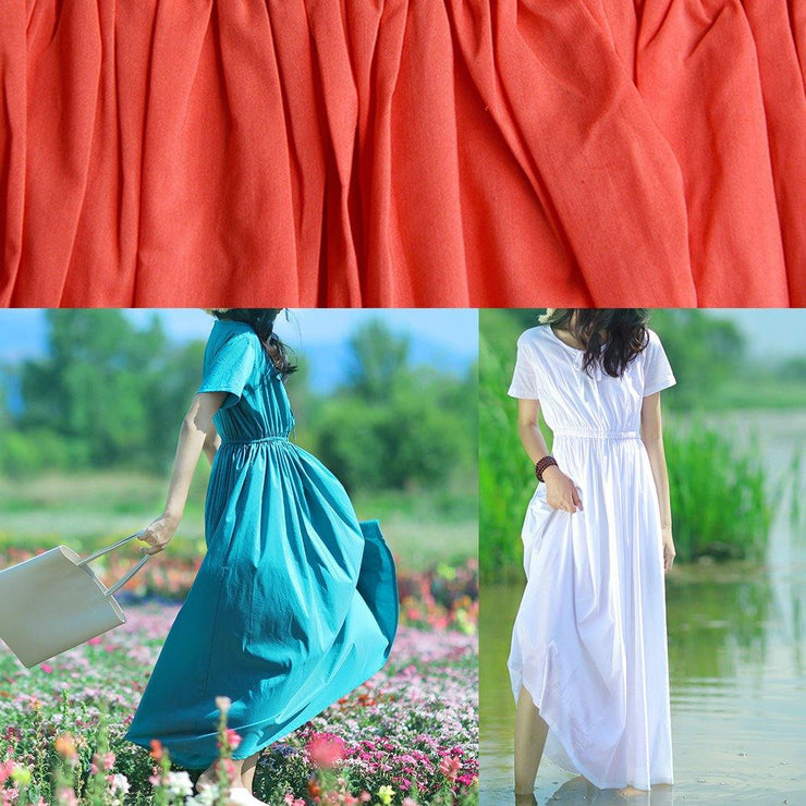 Style o neck drawstring cotton quilting clothes Work Outfits orange red long Dresses summer - SooLinen