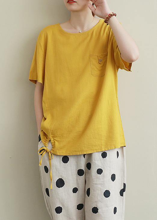Style o neck drawstring linen cotton summerBlouse yellow baggy shirts - SooLinen