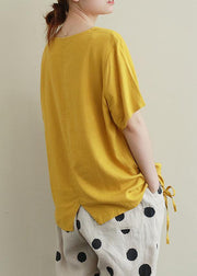 Style o neck drawstring linen cotton summerBlouse yellow baggy shirts - SooLinen