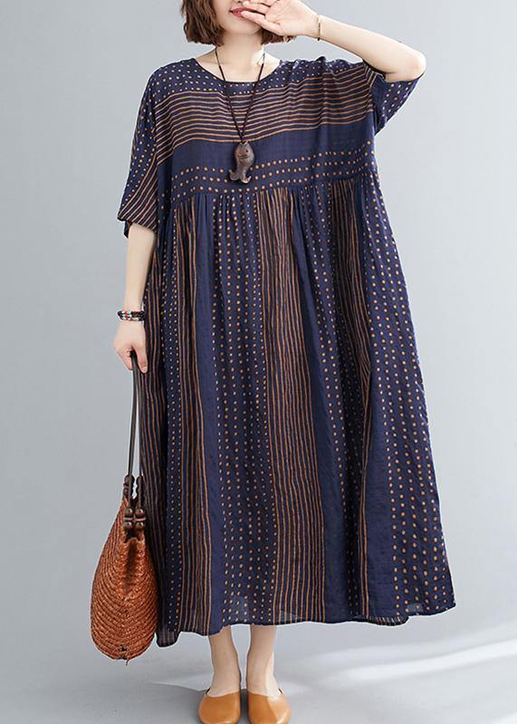 Style o neck exra large hem cotton summer pattern Work blue striped loose Dress - SooLinen