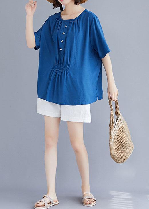 Style o neck half sleeve cotton box top Wardrobes blue blouse summer - SooLinen
