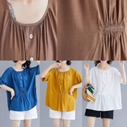 Style o neck half sleeve cotton box top Wardrobes blue blouse summer - SooLinen