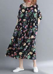 Style o neck linen summer quilting clothes Catwalk black print Dress - SooLinen